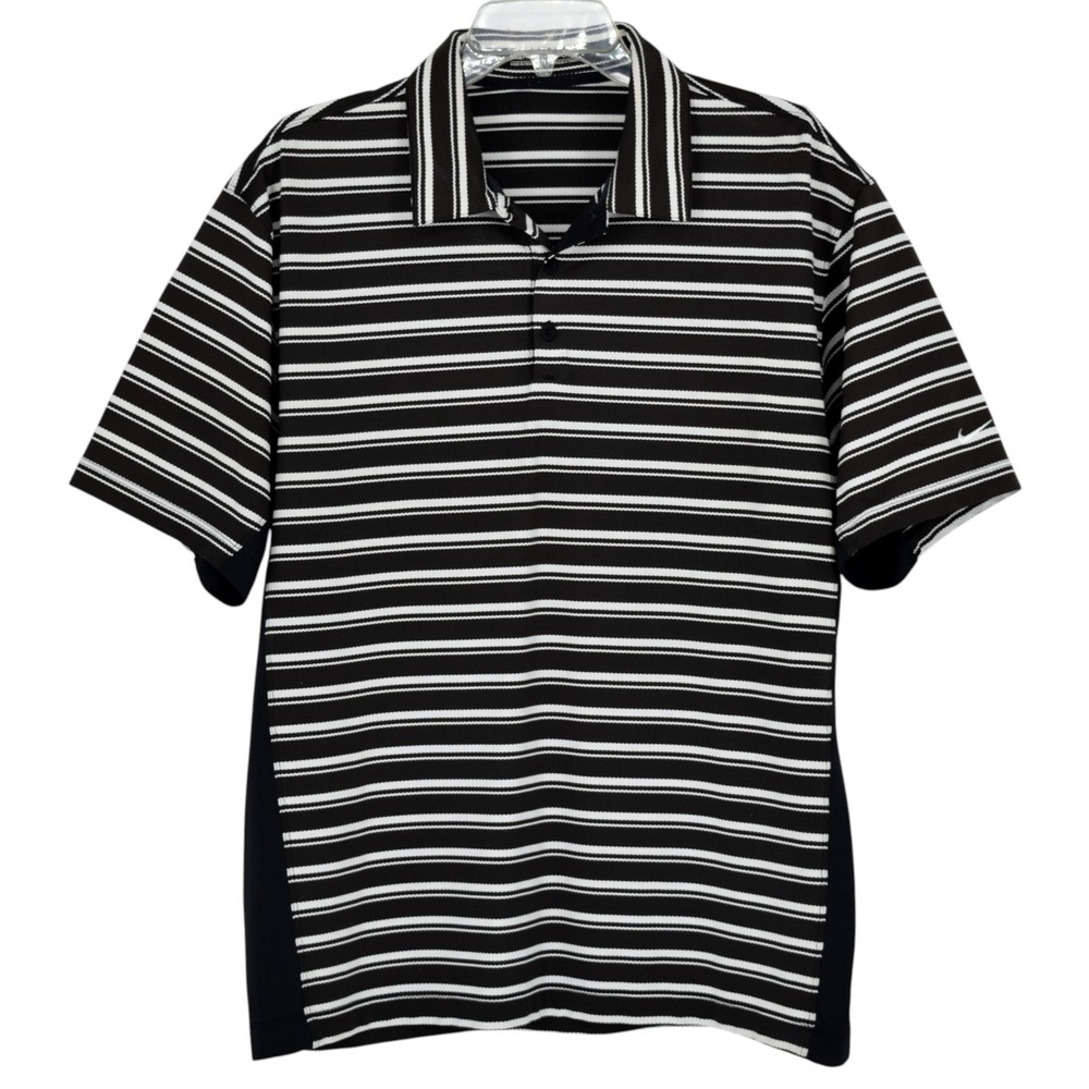 Nike Golf Men's Fit Dry Polo Large Black White Striped Pique 267448-010 Swoosh